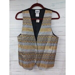 Vtg Orare Vest Black Gold Tone Striped Metallic Gold Silver Sz M